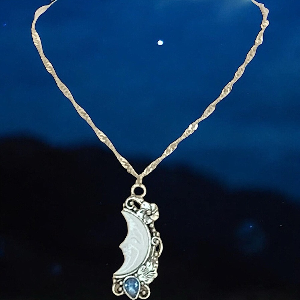 Moon Silver, White, & Blue Pendant Necklace - Picture 4 of 4
